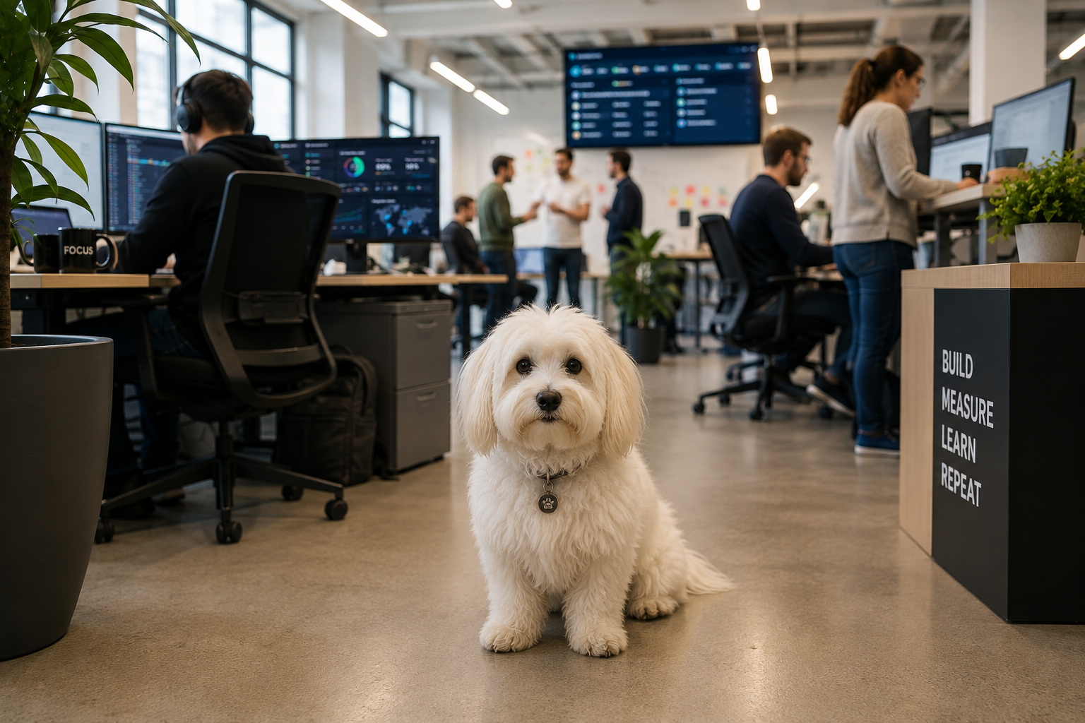 Bright open-plan Creative Minds studio with the office dog in the middle